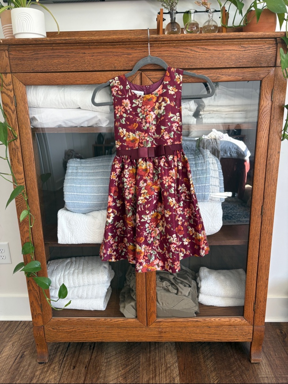 Bonnie Jean Burgundy Floral Bow Waist Dress